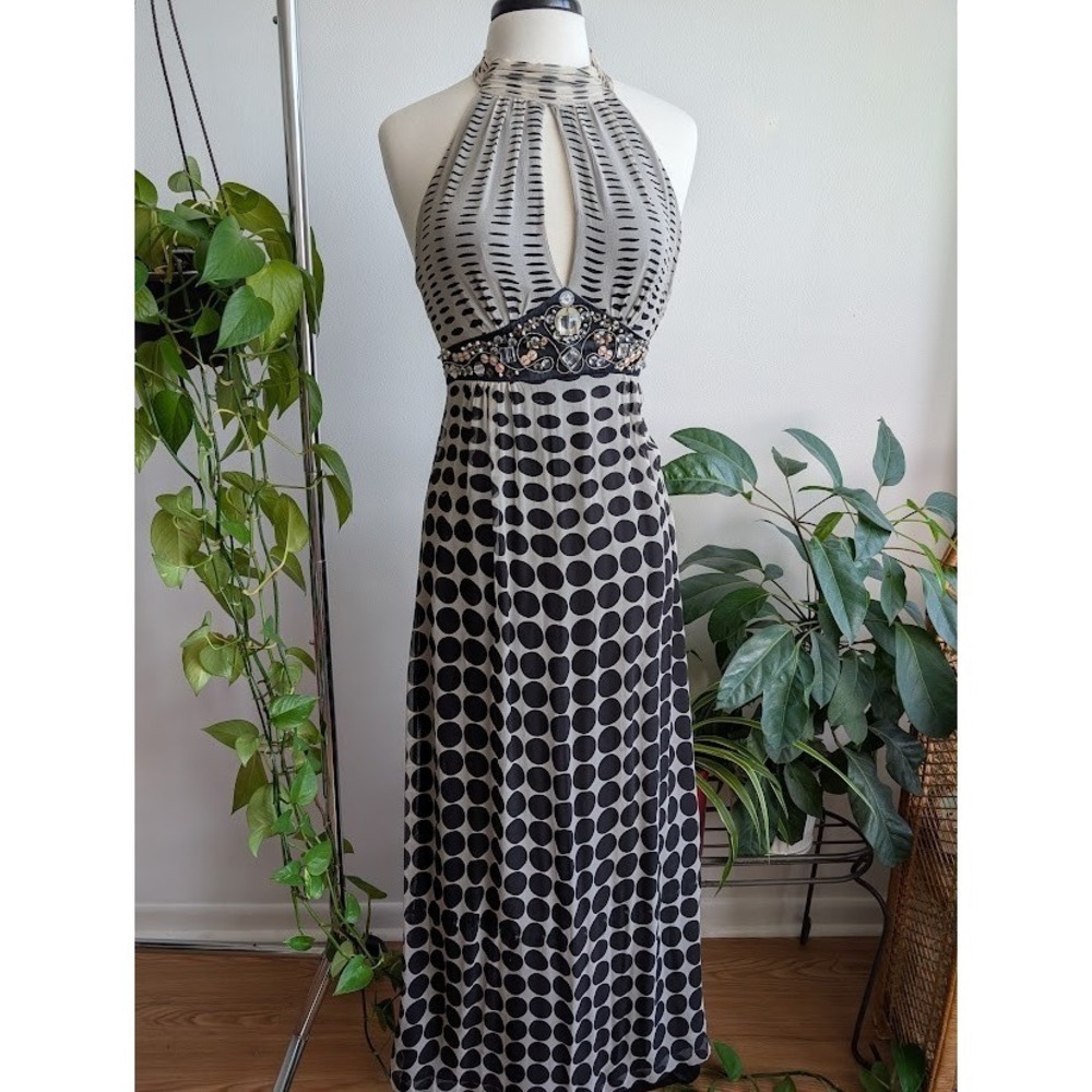 Vintage Sue Wong 100% silk beaded gown 6 halter top evening wear polka dot rare